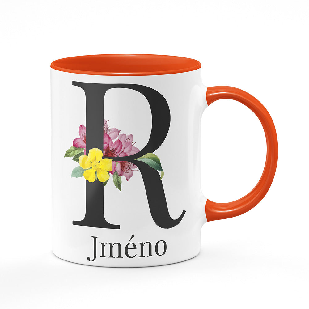 Keramický hrnek bílý s oranžovým lemem vnitřkem a uchem motiv Se jménem R...