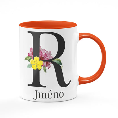 Keramický hrnek bílý s oranžovým lemem vnitřkem a uchem motiv Se jménem R...