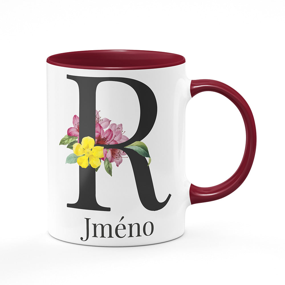 Keramický hrnek bílý s bordó vínovým lemem vnitřkem a uchem motiv Se jménem R...