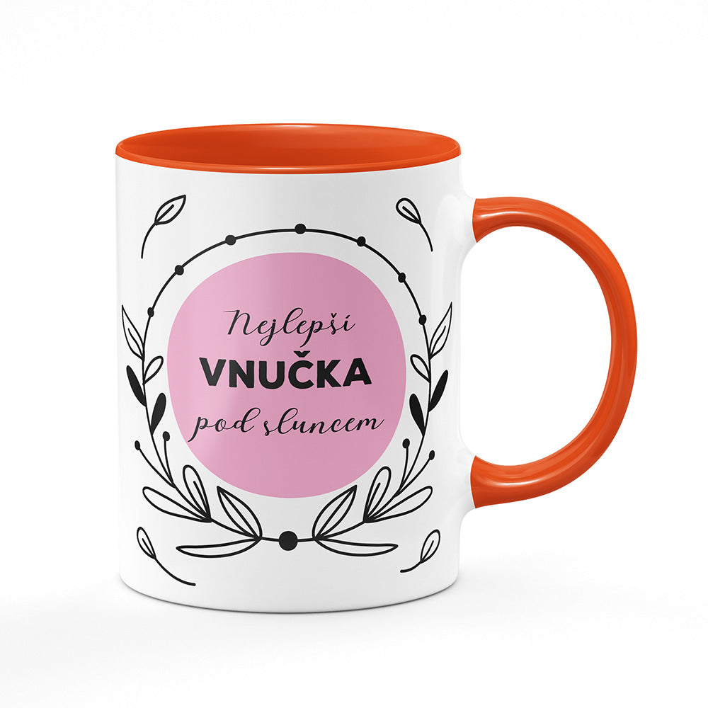 Keramický hrnek bílý s oranžovým lemem vnitřkem a uchem motiv Nejlepší vnučka pod sluncem