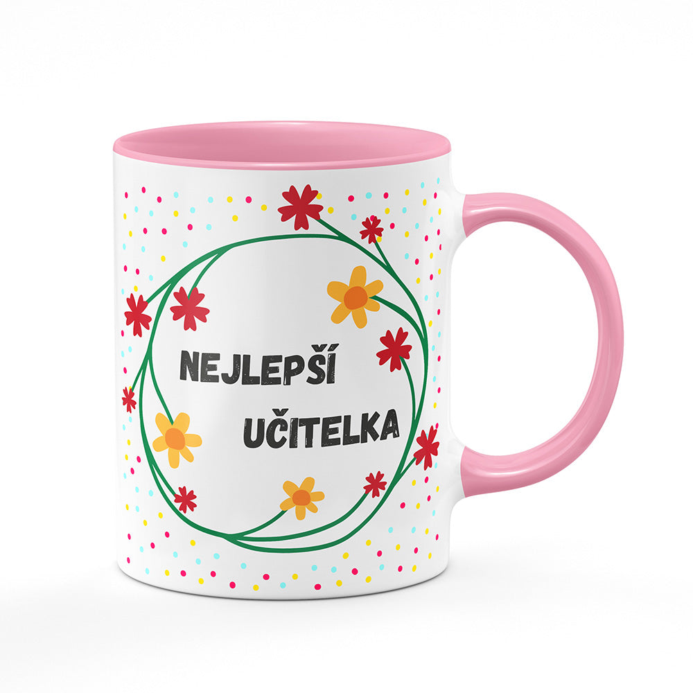 Keramický hrnek bílý s růžovým lemem vnitřkem a uchem motiv Nejlepší učitelka