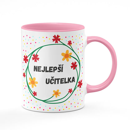 Keramický hrnek bílý s růžovým lemem vnitřkem a uchem motiv Nejlepší učitelka