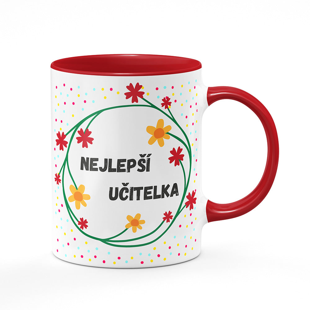 Keramický hrnek bílý s červeným lemem vnitřkem a uchem motiv Nejlepší učitelka