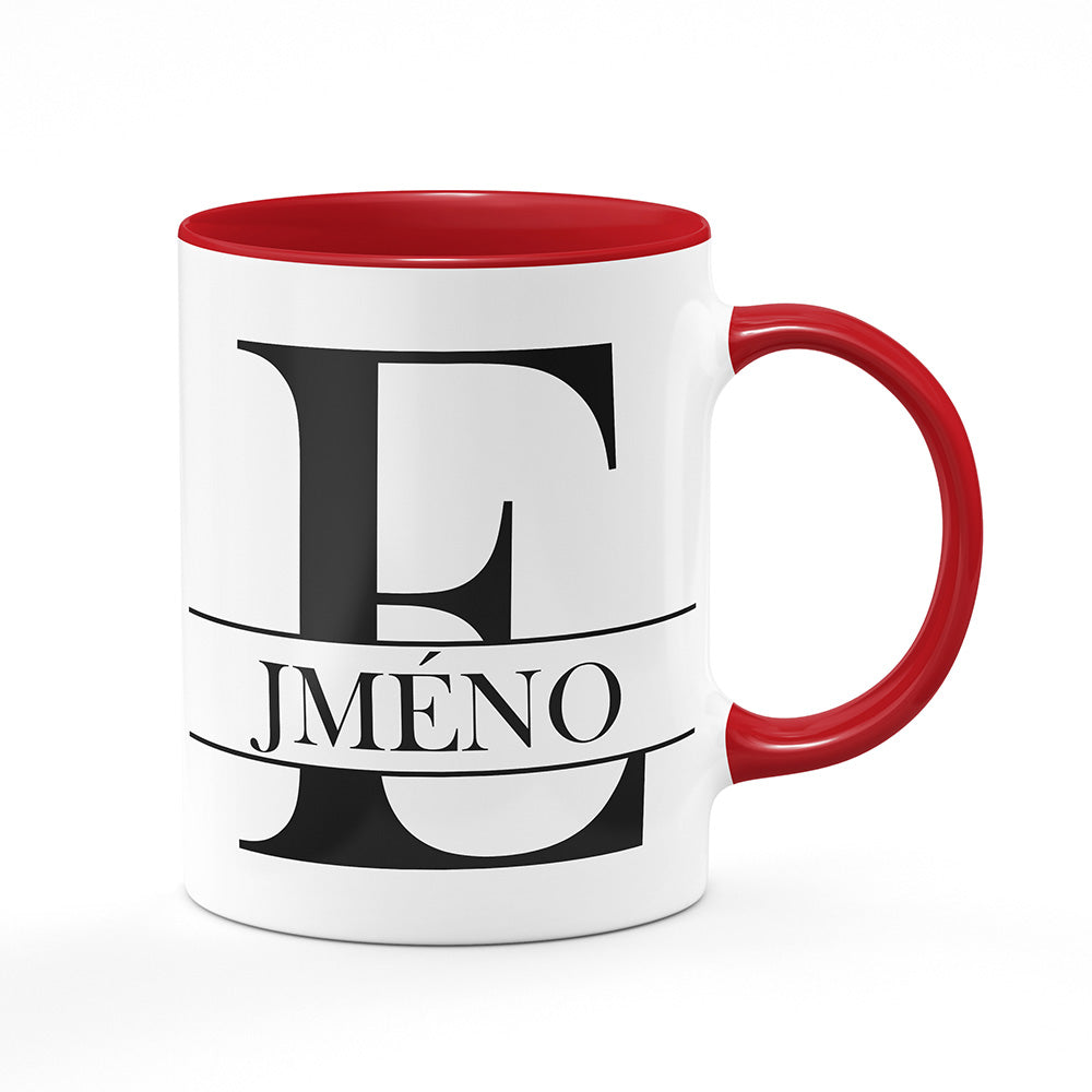 Keramický hrnek bílý s červeným lemem vnitřkem a uchem motiv Se jménem E…