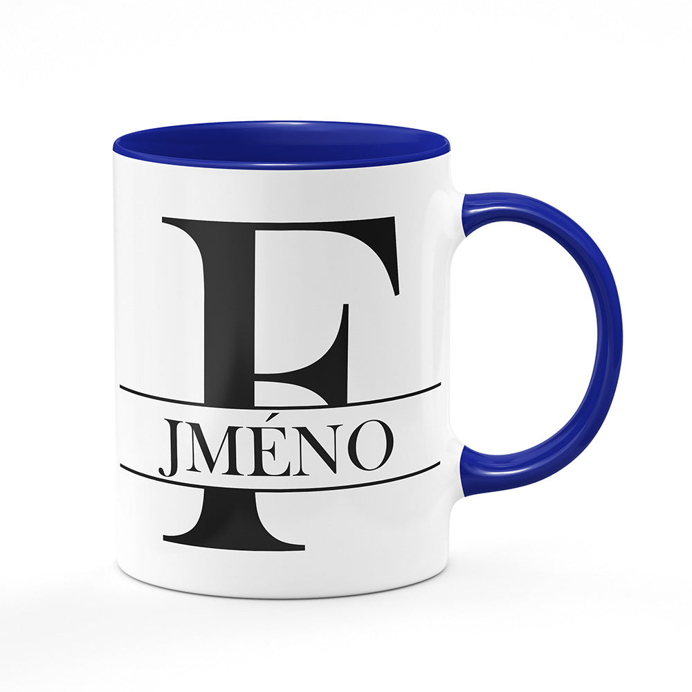 Keramický hrnek bílý s modrým lemem vnitřkem a uchem motiv Se jménem F…