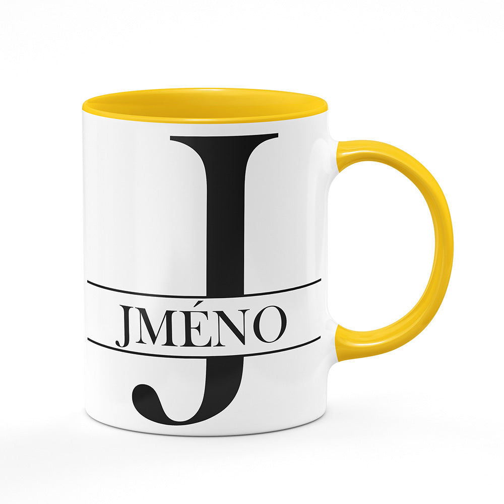 Keramický hrnek bílý s žlutým lemem vnitřkem a uchem motiv Se jménem J…
