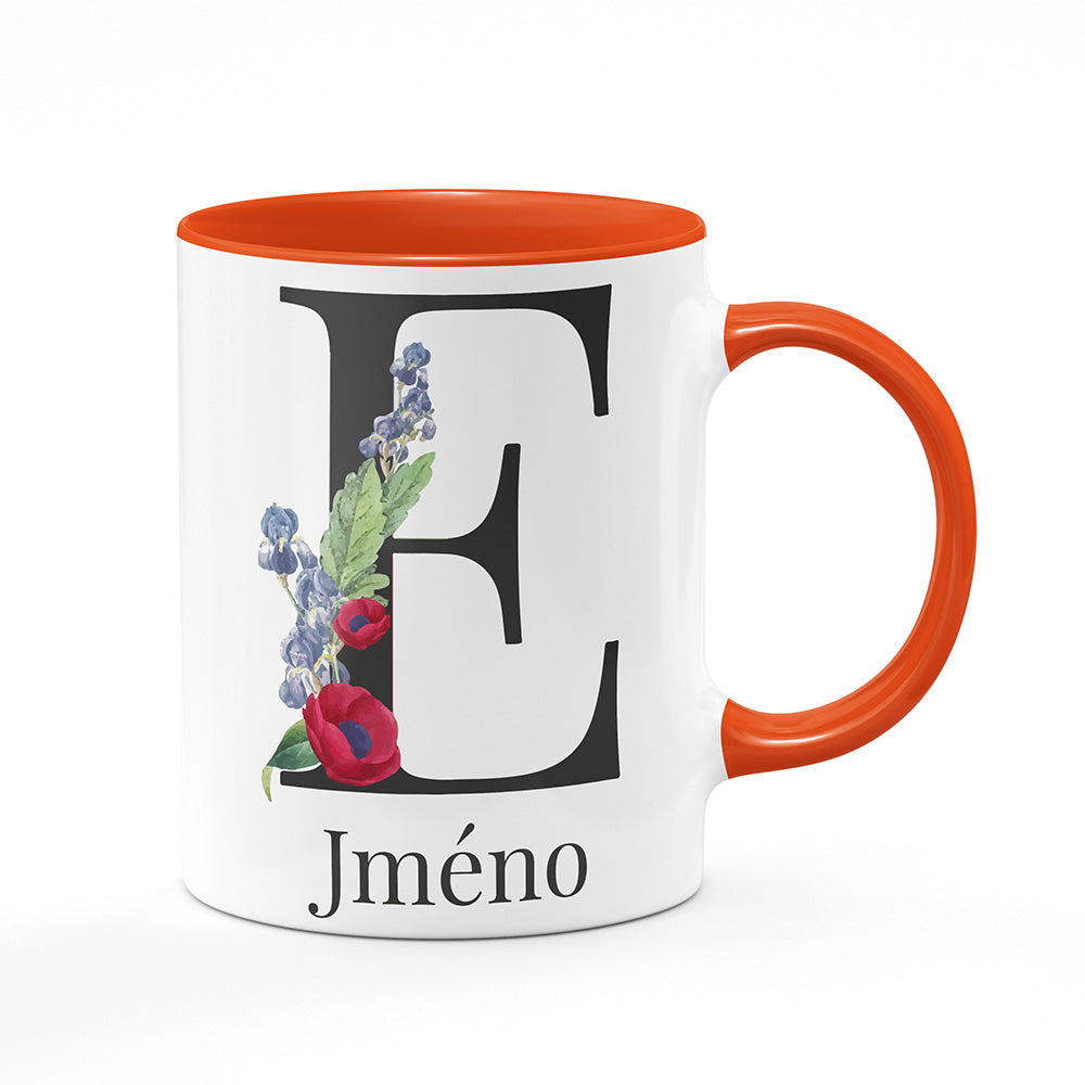 Keramický hrnek bílý s oranžovým lemem vnitřkem a uchem motiv Se jménem E…