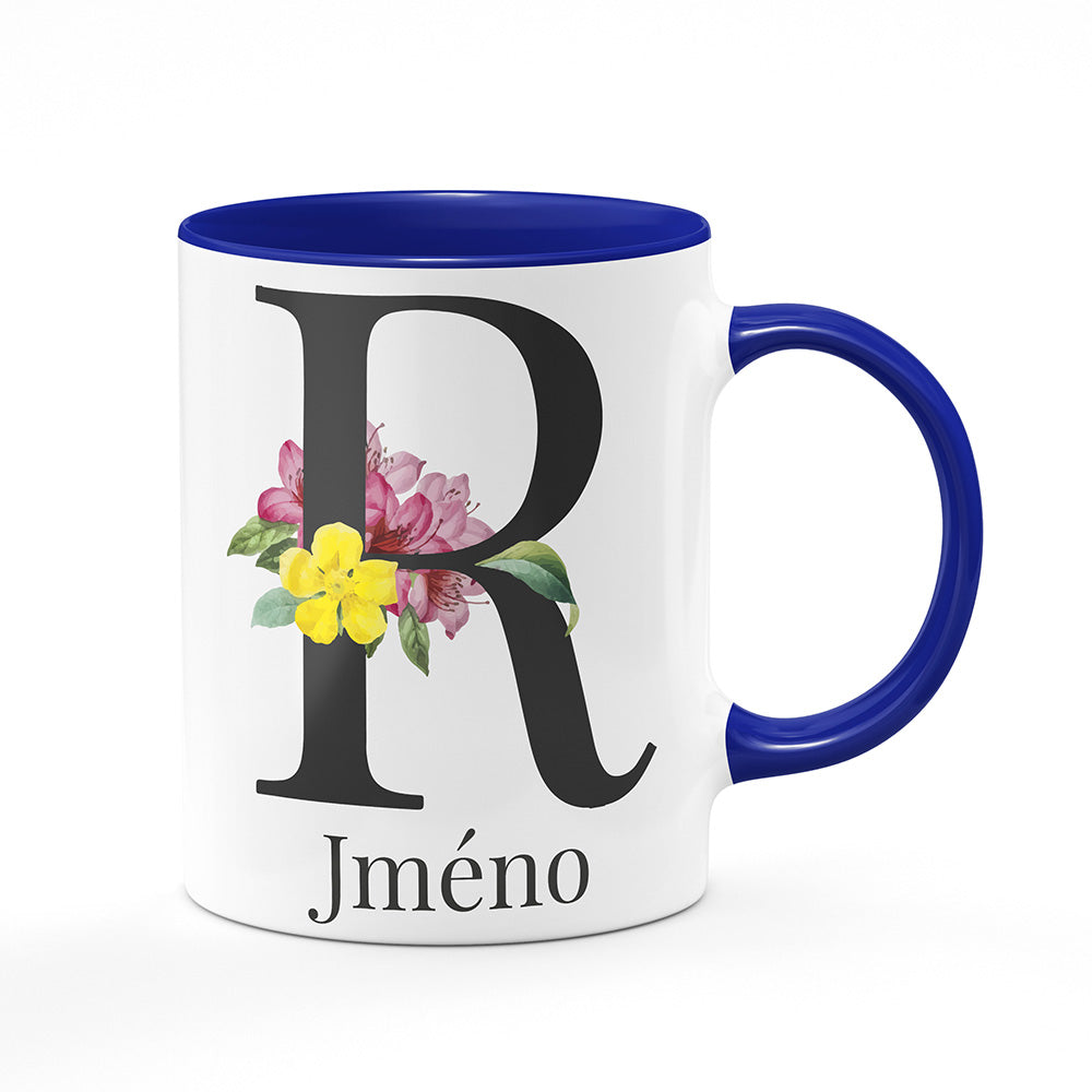Keramický hrnek bílý s modrým lemem vnitřkem a uchem motiv Se jménem R...