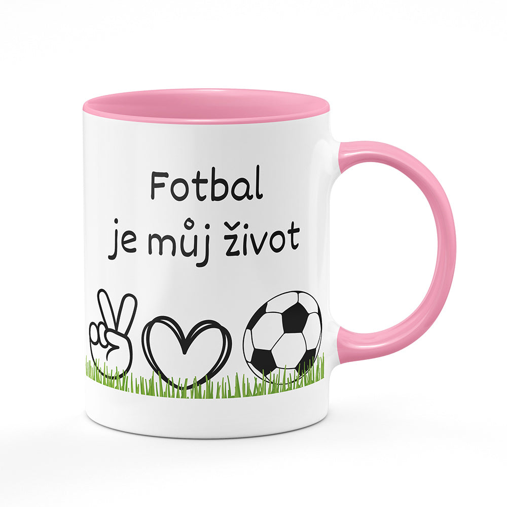 Keramický hrnek bílý s růžovým lemem vnitřkem a uchem motiv Fotbal je můj život