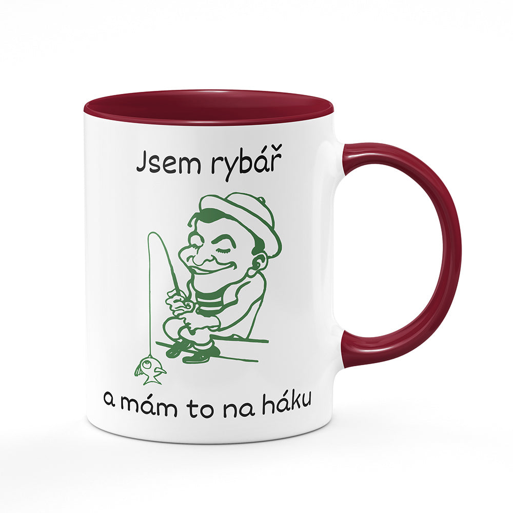 Keramický hrnek bílý s bordó vínovým lemem vnitřkem a uchem motiv Jsem rybář a mám to na háku