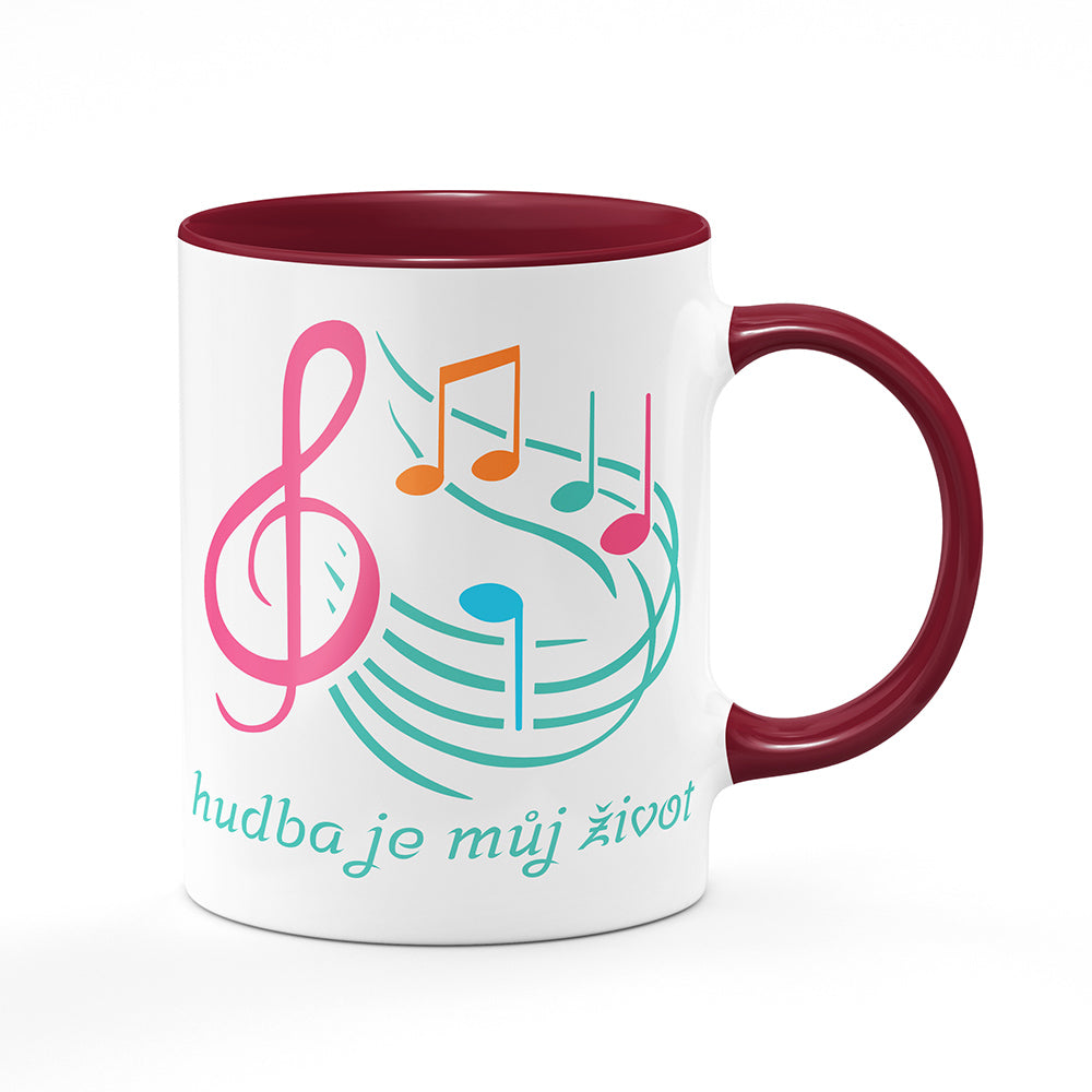Keramický hrnek bílý s bordó vínovým lemem vnitřkem a uchem motiv Hudba je můj život