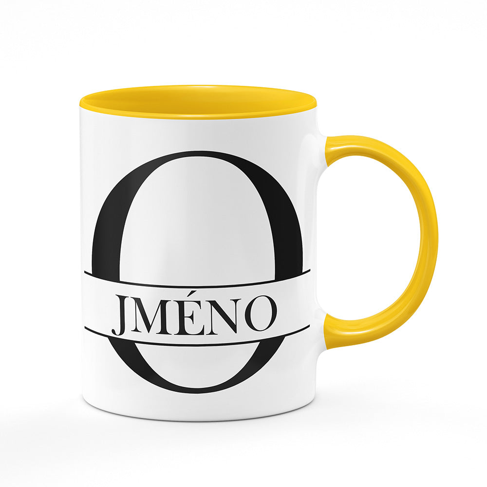 Keramický hrnek bílý s žlutým lemem vnitřkem a uchem motiv Se jménem O…