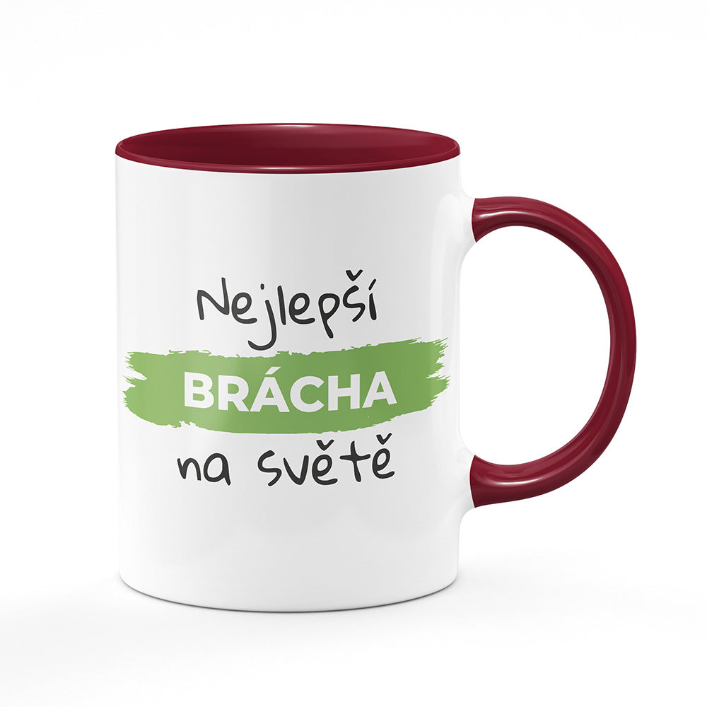 Keramický hrnek bílý s bordó vínovým lemem vnitřkem a uchem motiv Nejlepší brácha na světě