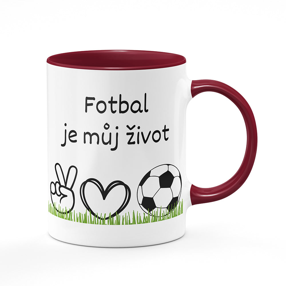 Keramický hrnek bílý s bordó vínovým lemem vnitřkem a uchem motiv Fotbal je můj život