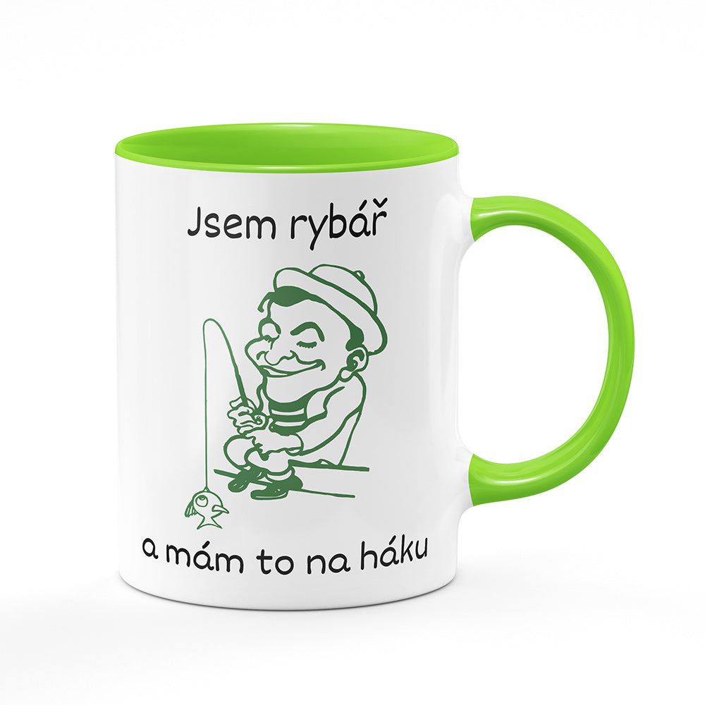 Keramický hrnek bílý s světle zeleným lemem vnitřkem a uchem motiv Jsem rybář a mám to na háku