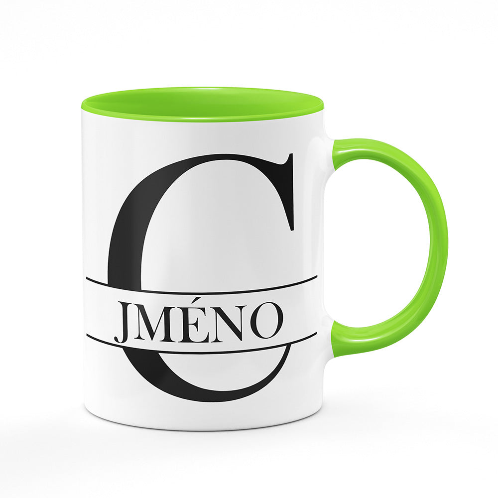 Keramický hrnek bílý s světle zeleným lemem vnitřkem a uchem motiv Se jménem C…