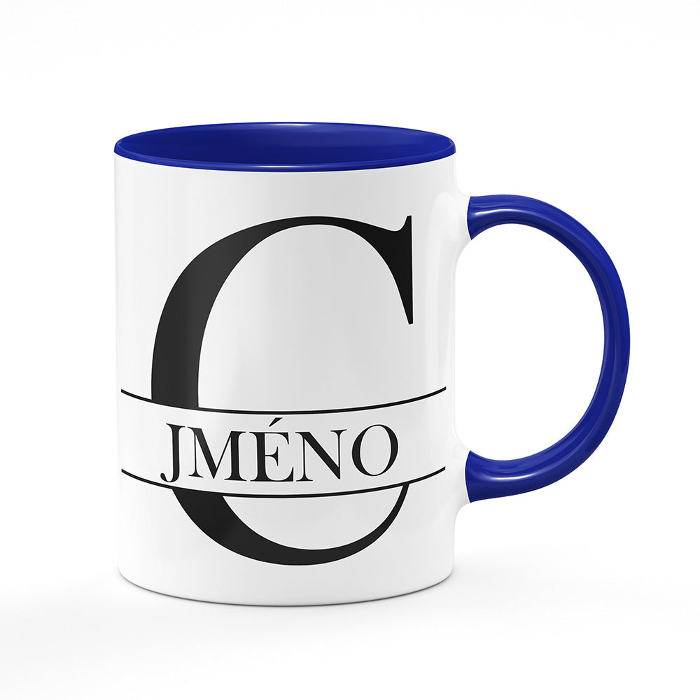 Keramický hrnek bílý s modrým lemem vnitřkem a uchem motiv Se jménem C…