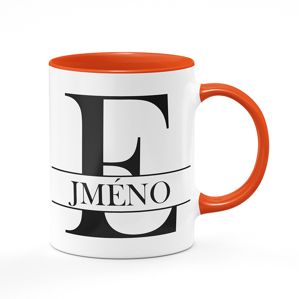 Keramický hrnek bílý s oranžovým lemem vnitřkem a uchem motiv Se jménem E…