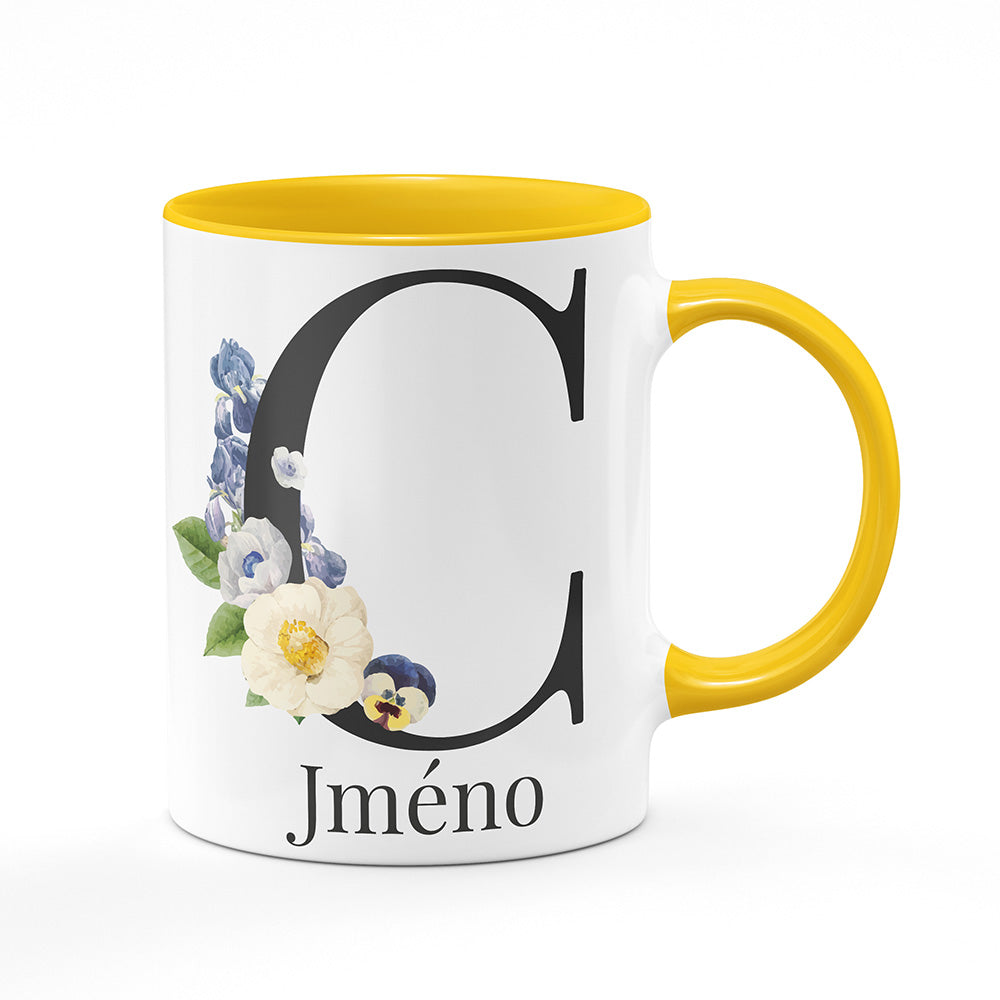 Keramický hrnek bílý s žlutým lemem vnitřkem a uchem motiv Se jménem C…