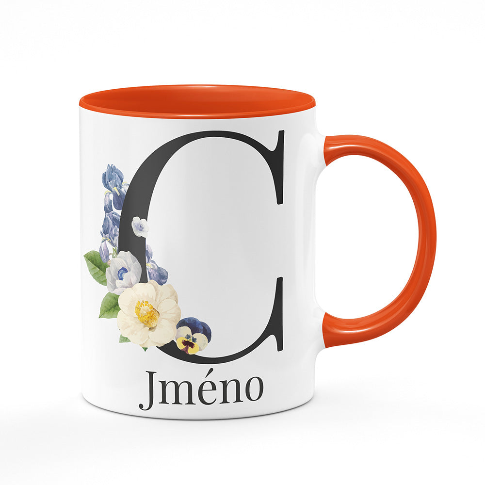 Keramický hrnek bílý s oranžovým lemem vnitřkem a uchem motiv Se jménem C…