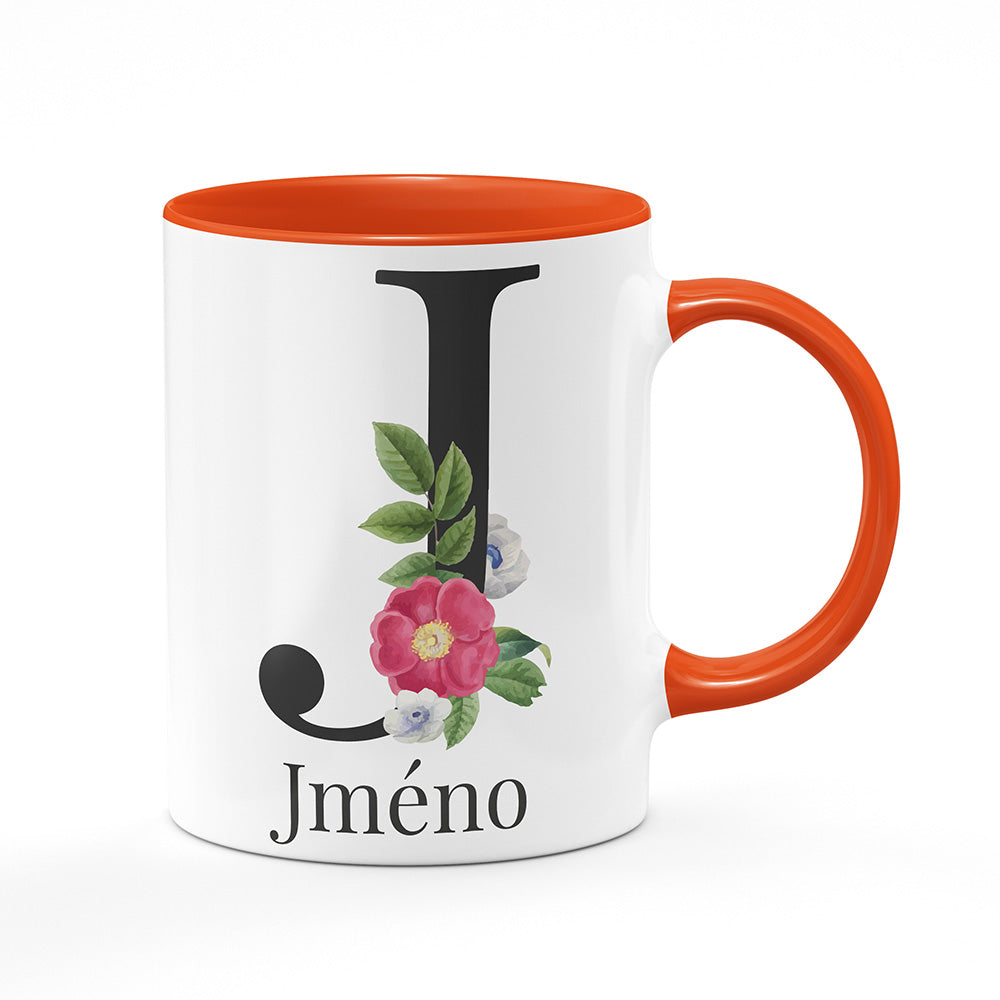 Keramický hrnek bílý s oranžovým lemem vnitřkem a uchem motiv Se jménem J…