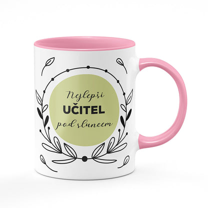 Keramický hrnek bílý s růžovým lemem vnitřkem a uchem motiv Nejlepší učitel pod sluncem