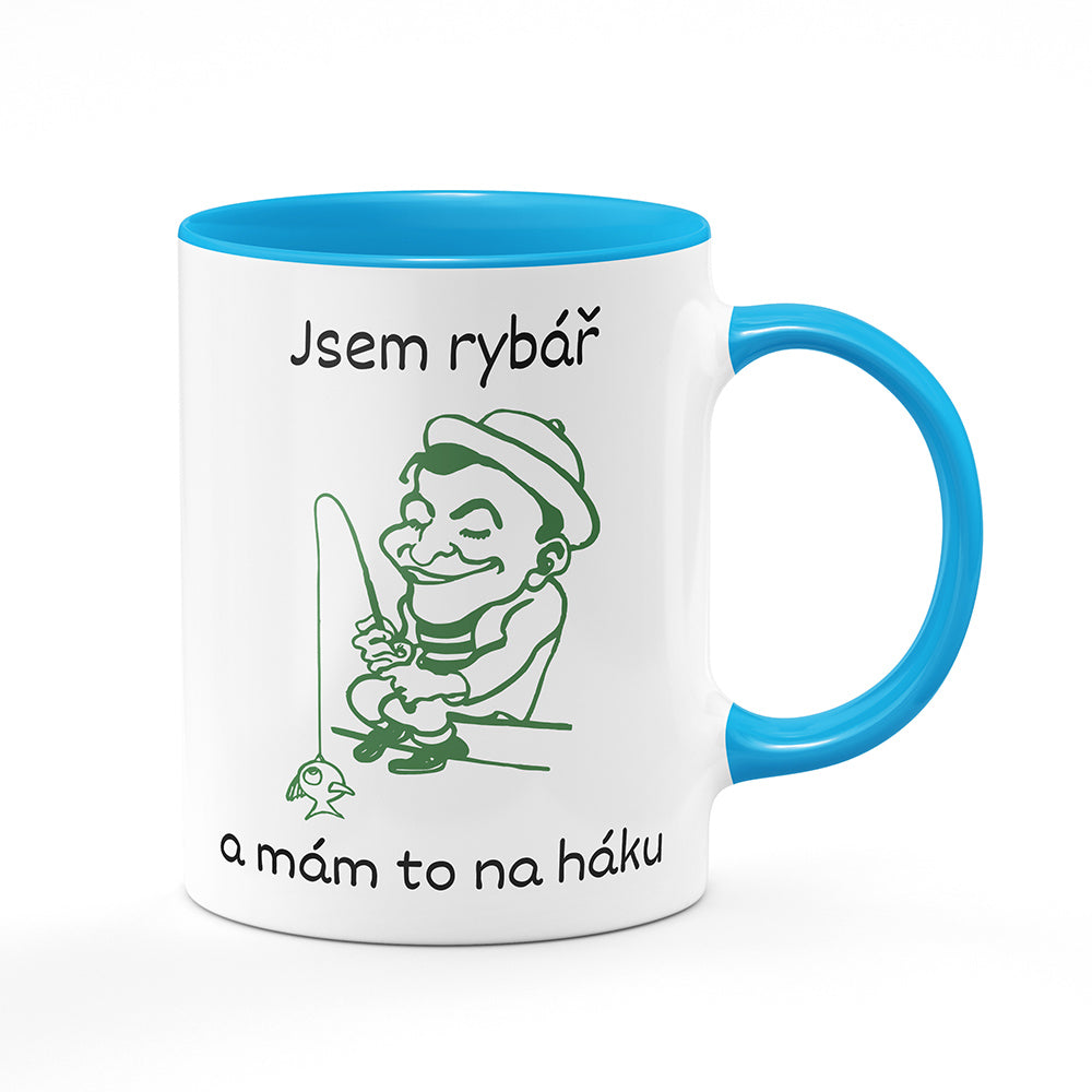 Keramický hrnek bílý s světle modrým lemem vnitřkem a uchem motiv Jsem rybář a mám to na háku
