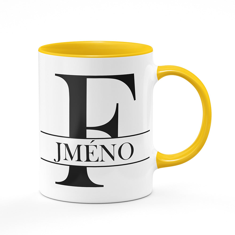 Keramický hrnek bílý s žlutým lemem vnitřkem a uchem motiv Se jménem F…