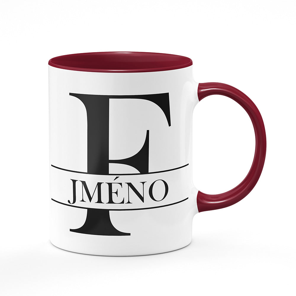 Keramický hrnek bílý s bordó vínovým lemem vnitřkem a uchem motiv Se jménem F…