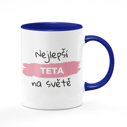 Keramický hrnek bílý s modrým lemem vnitřkem a uchem motiv Nejlepší teta na světě