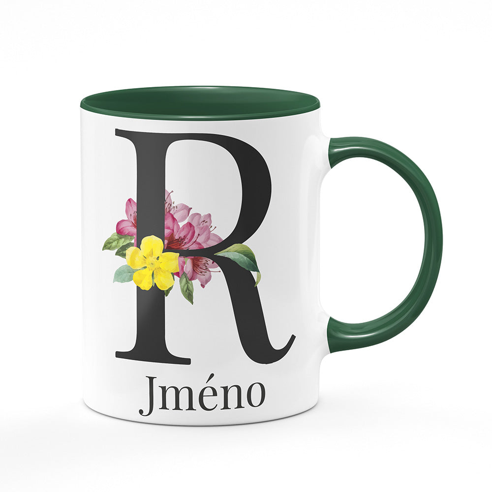 Keramický hrnek bílý s zeleným lemem vnitřkem a uchem motiv Se jménem R...