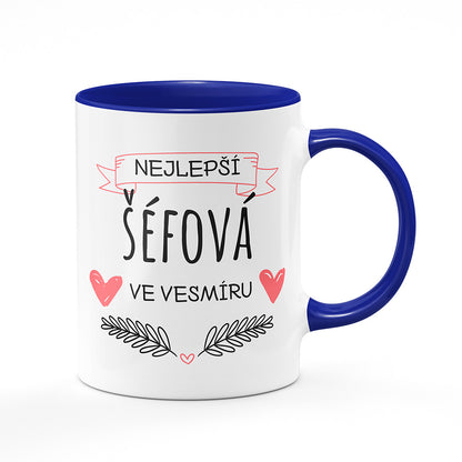 Keramický hrnek bílý s modrým lemem vnitřkem a uchem motiv Nejlepší šéfová ve vesmíru