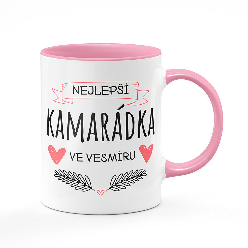 Keramický hrnek bílý s růžovým lemem vnitřkem a uchem motiv Nejlepší kamarádka ve vesmíru