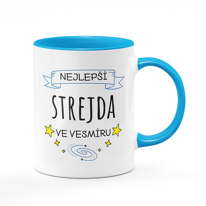 Keramický hrnek bílý s světle modrým lemem vnitřkem a uchem motiv Nejlepší strejda ve vesmíru
