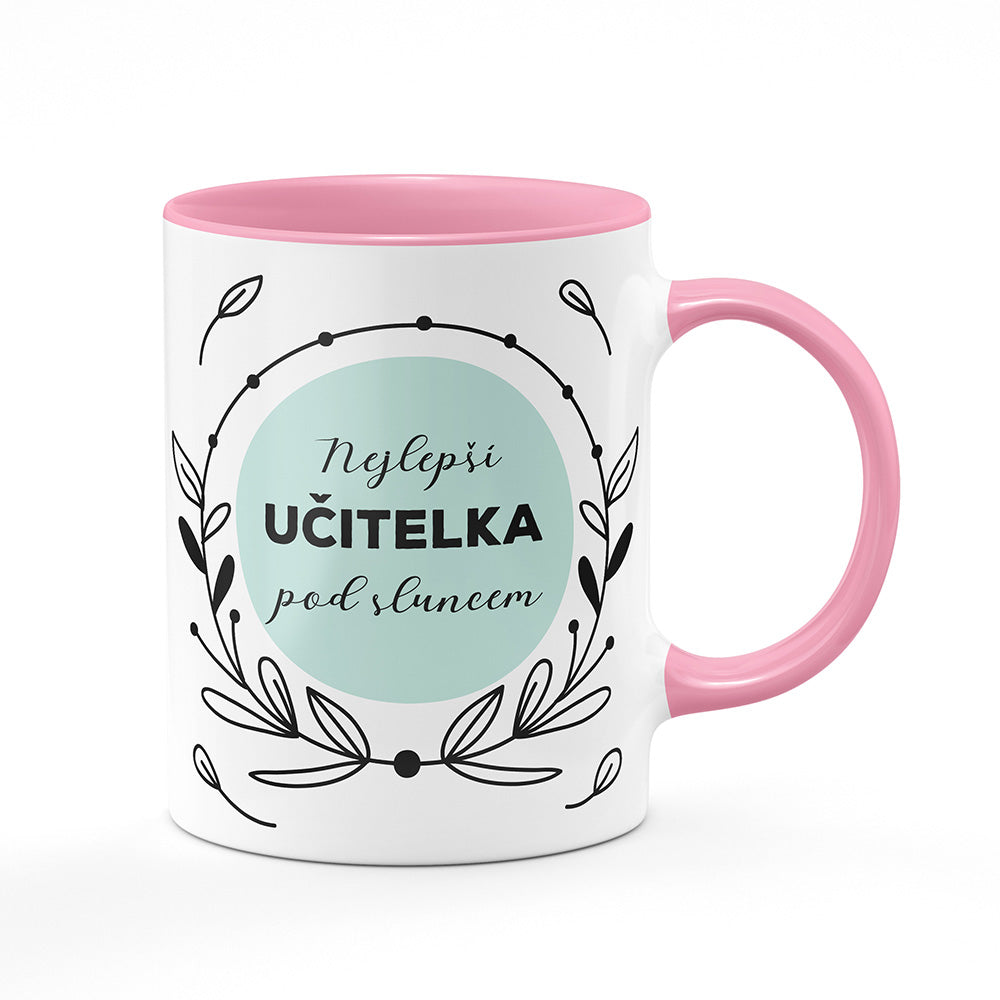 Keramický hrnek bílý s růžovým lemem vnitřkem a uchem motiv Nejlepší učitelka pod sluncem