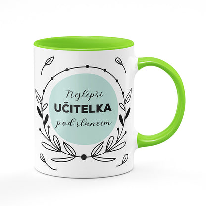 Keramický hrnek bílý s světle zeleným lemem vnitřkem a uchem motiv Nejlepší učitelka pod sluncem