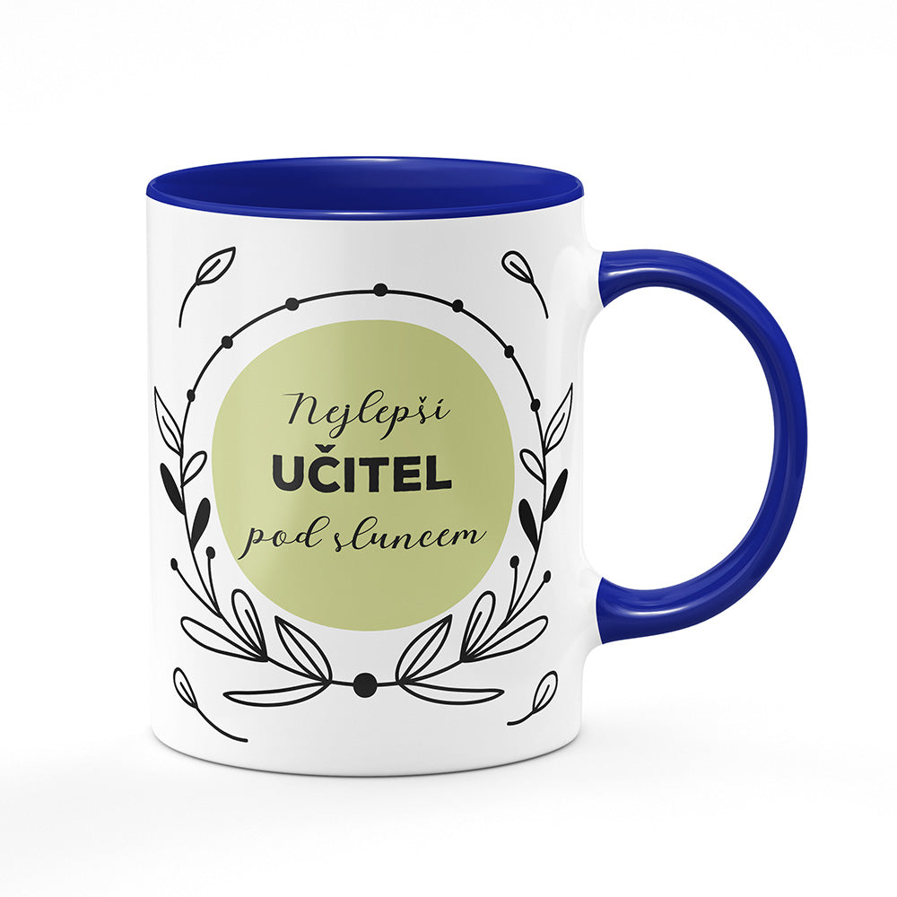 Keramický hrnek bílý s modrým lemem vnitřkem a uchem motiv Nejlepší učitel pod sluncem