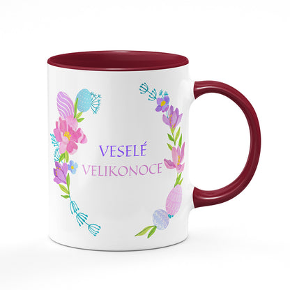 Keramický hrnek bílý s bordó vínovým lemem vnitřkem a uchem motiv Veselé velikonoce