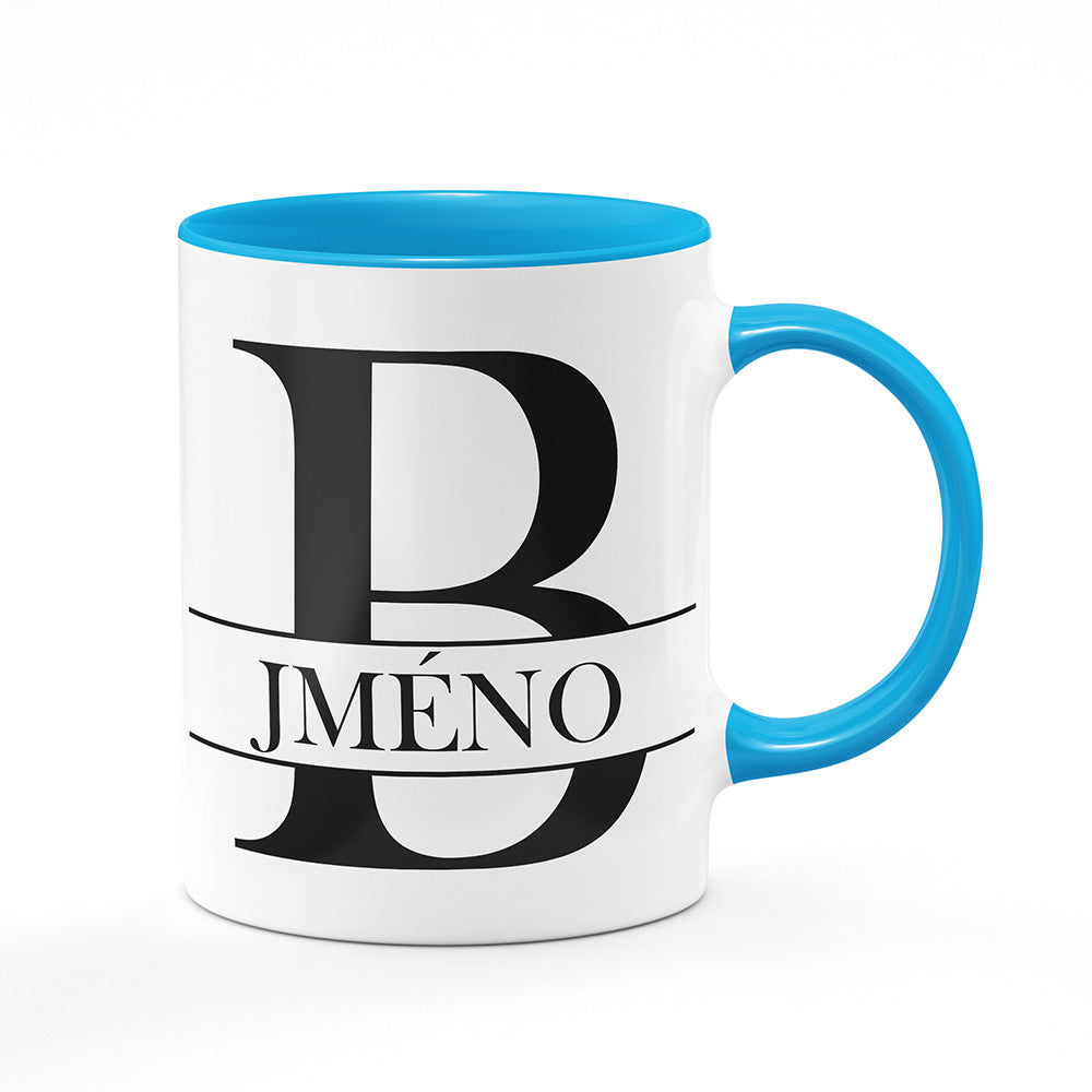 Keramický hrnek bílý s světle modrým lemem vnitřkem a uchem motiv Se jménem B…