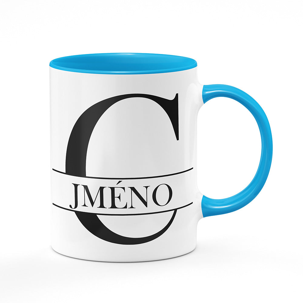 Keramický hrnek bílý s světle modrým lemem vnitřkem a uchem motiv Se jménem C…