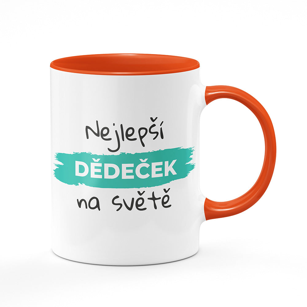 Keramický hrnek bílý s oranžovým lemem vnitřkem a uchem motiv Nejlepší dědeček na světě