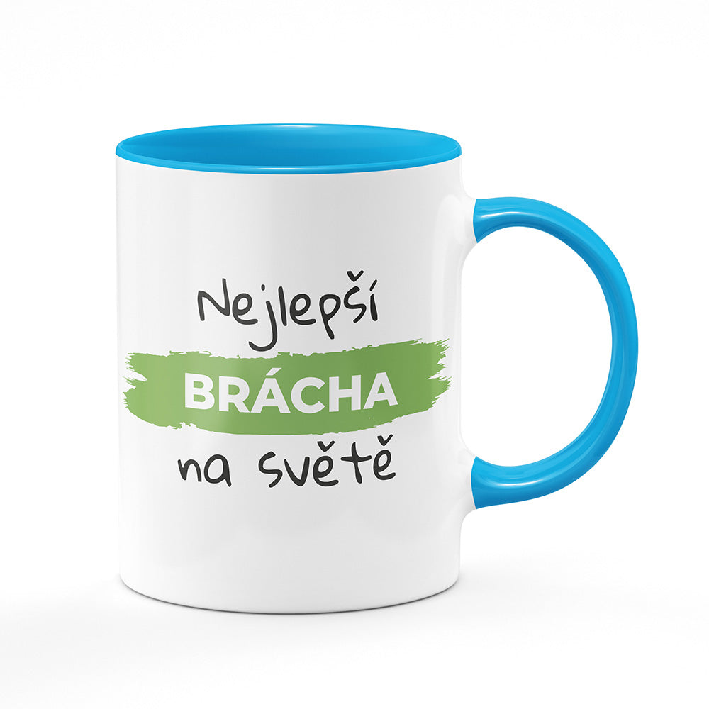 Keramický hrnek bílý s světle modrým lemem vnitřkem a uchem motiv Nejlepší brácha na světě