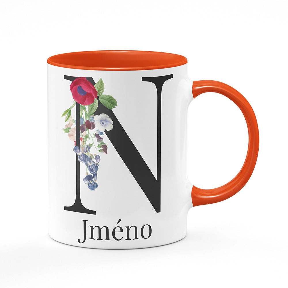 Keramický hrnek bílý s oranžovým lemem vnitřkem a uchem motiv Se jménem N…