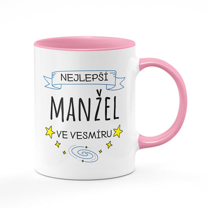 Keramický hrnek bílý s růžovým lemem vnitřkem a uchem motiv Nejlepší manžel ve vesmíru