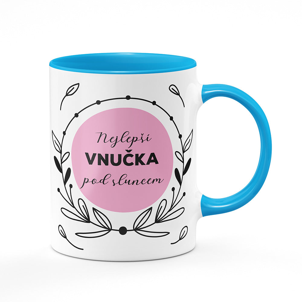 Keramický hrnek bílý s světle modrým lemem vnitřkem a uchem motiv Nejlepší vnučka pod sluncem