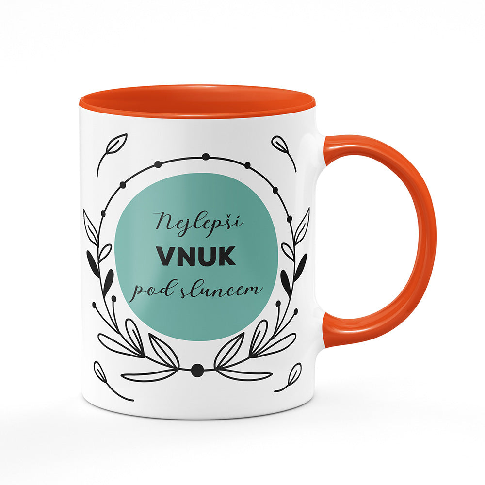 Keramický hrnek bílý s oranžovým lemem vnitřkem a uchem motiv Nejlepší vnuk pod sluncem