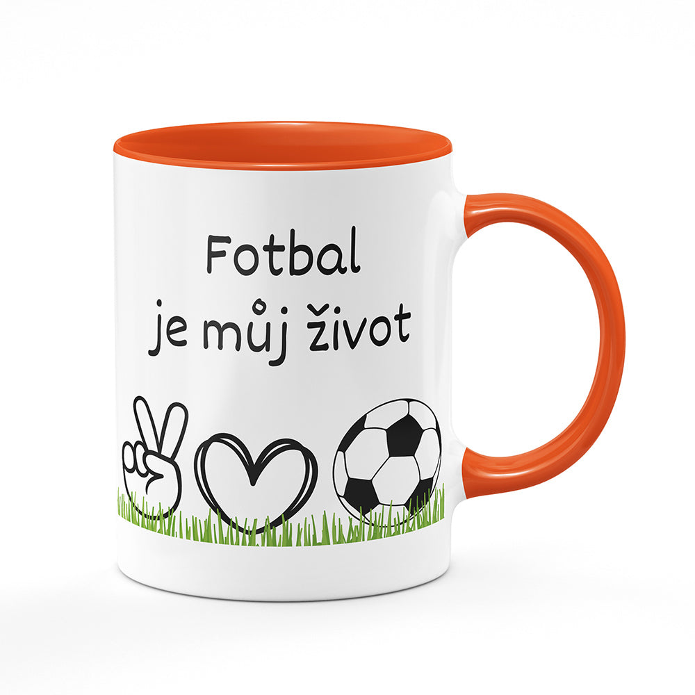 Keramický hrnek bílý s oranžovým lemem vnitřkem a uchem motiv Fotbal je můj život