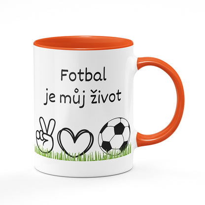 Keramický hrnek bílý s oranžovým lemem vnitřkem a uchem motiv Fotbal je můj život