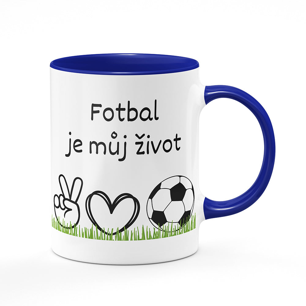 Keramický hrnek bílý s modrým lemem vnitřkem a uchem motiv Fotbal je můj život