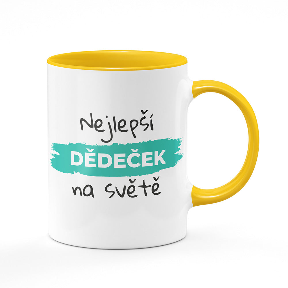 Keramický hrnek bílý s žlutým lemem vnitřkem a uchem motiv Nejlepší dědeček na světě